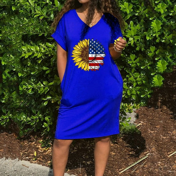 Wycnly Womens Dresses for 4th of July Independence Day Fashion Patriotic Graphics Pocket Tunic Midi Dresses Short Sleeve V-Neck Sunflower USA Flag Print Knee-Length 2024 Summer Casual Dress Blue xxl