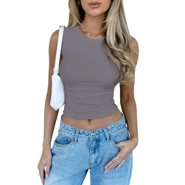 Womens Summer Tank Tops Sleeveless Crewneck Knit Slim Fitted Side Ruched Casual Basic Shirt Gray L