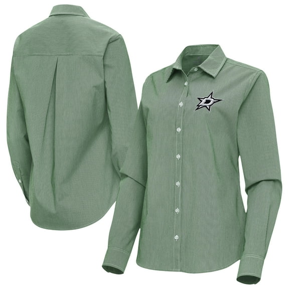 Women's Antigua Hunter Green Dallas Stars Porter Woven Tri-Blend Long Sleeve Button-Up Shirt
