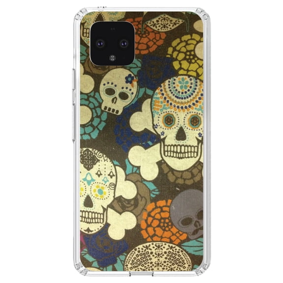 DistinctInk Clear Shockproof Hybrid Case for Google Pixel 4 XL (6.3" Screen) - TPU Bumper, Acrylic Back, Tempered Glass Screen Protector - Sugar Skulls Green Orange