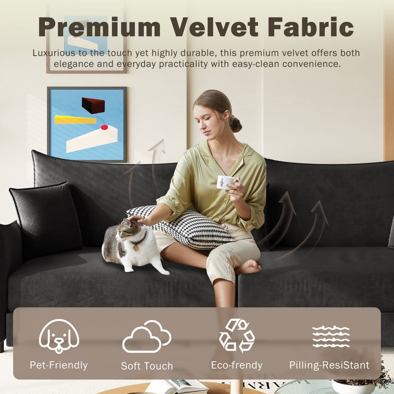 3-in-1 Convertible Pull Out Sofa Bed, 81.9'' King Size Sleeper Sofa Bed with Golden Accent Trim, Velvet 3-Seater Couch with 3 Pillows for Living Room, Small Space, Apartment