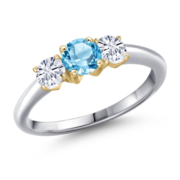 Gem Stone King 925 Silver and 10K Yellow Gold Swiss Blue Topaz and White Moissanite Engagement Ring for Women | 1.11 Cttw | Round 5MM | Gemstone November Birthstone | Size 7