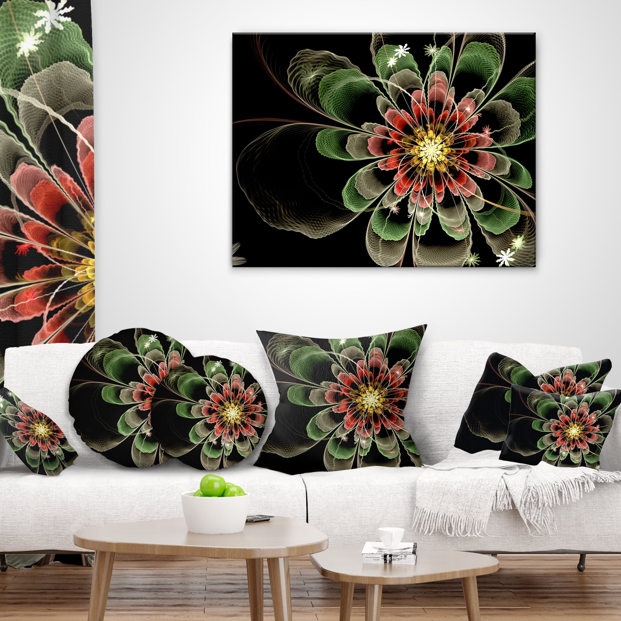 Designart Abstract Green Fractal Flower - Floral Throw Pillow - 12x20