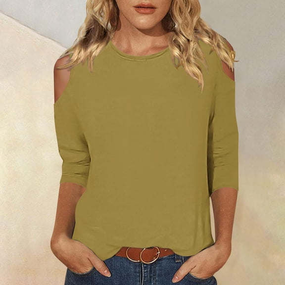 thefmos Women's Fall Winter Round Neck 3/4 Sleeve Cold Shoulder Blouses Casual Basic Pullover Tops Loose Fit Shirts Trendy Fashion Clothes, Brown L