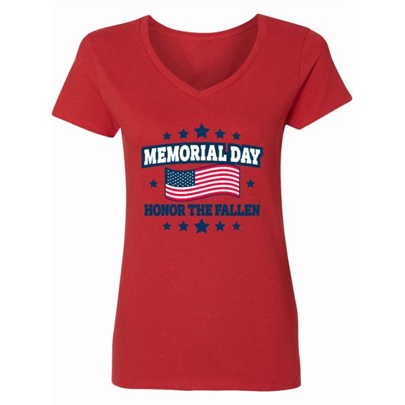 Inktastic Memorial Day Honor the Fallen with American Flag Women's V-Neck T-Shirt