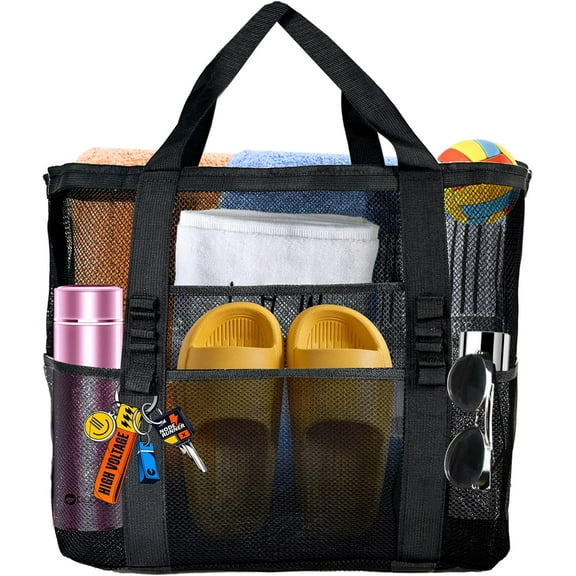 Beach Bag, Mesh Beach Bag - Extra Large Beach Tote Bag - Lightweight Beach Toys Bag with 9 Pockets, Beach Essentials