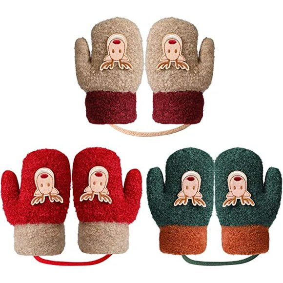 TOOAD Toddler Girl Boy Gloves and Mittens, 3 Pairs Winter Kids, Thick Fleece Thermal Lined Knitted Gloves and Mittens for Christmas Gift