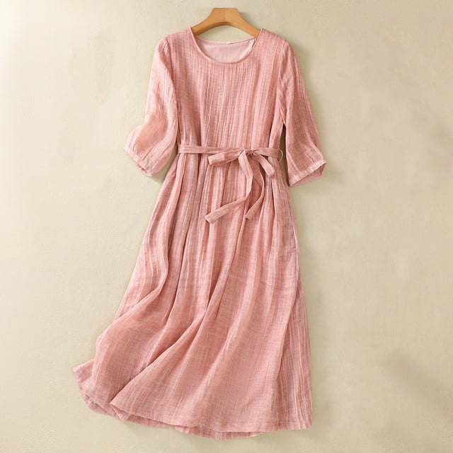 Fartey Robes d'Été pour Femmes à Moins de 10 $ Coton Lin Manches 3/4 Robe Midi Couleur Unie Col Ras du Cou Cordon de Serrage Robes Quotidiennes pour la Maison Légères Fluides Robe de Plage