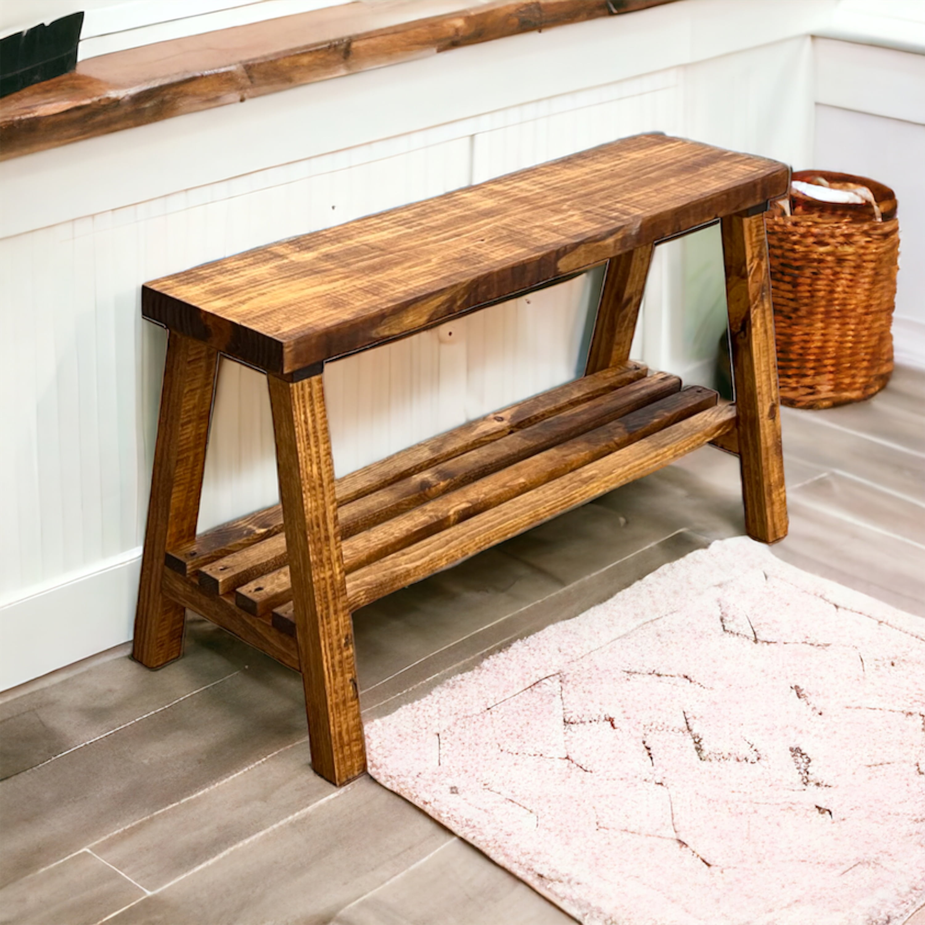 Woven Paths Rustic Farmhouse Pine Wood Storage Shelf Bench Walnut