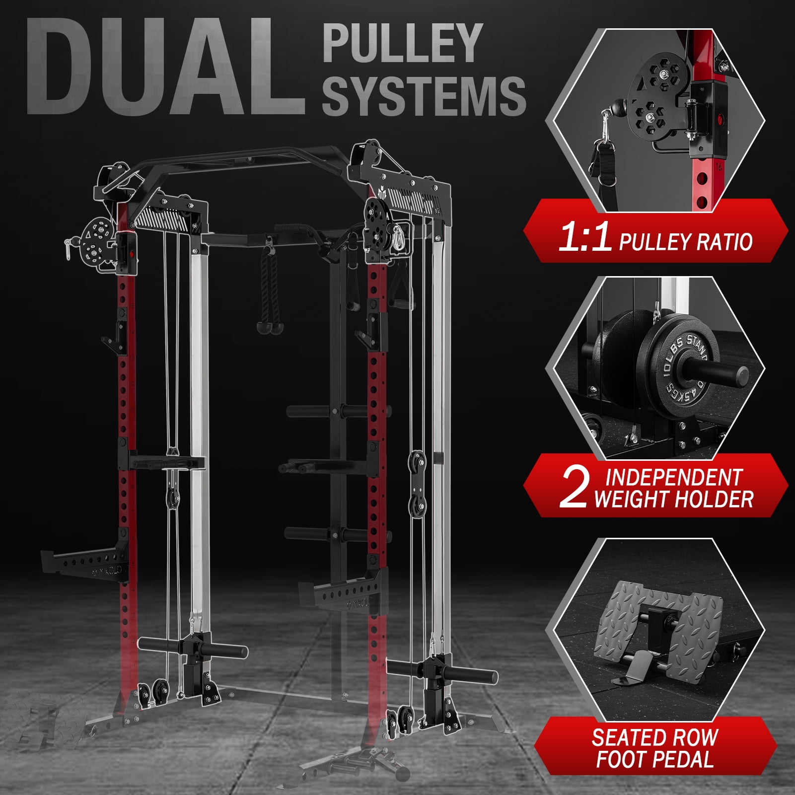 Mikolo Power Cage, Squat Rack with Dual Pulley Cable Crossover System, Multifunction Free Weight Home Gym Workout Machine with Attachments Red