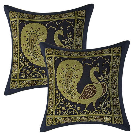 Stylo Culture Indian Christmas Brocade Navy Blue And Gold Throw Pillow Covers 12x12 Jacquard Weave Banarasi Decorative Cushion Covers Dancing Peacock Floral 30x30 cm Cushion Covers (Set Of 2)