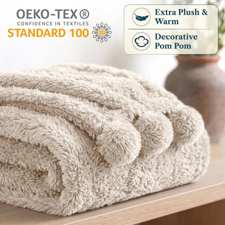 Pavilia Sherpa Throw Blanket with Pom Pom, Beige 50x60 photo 2