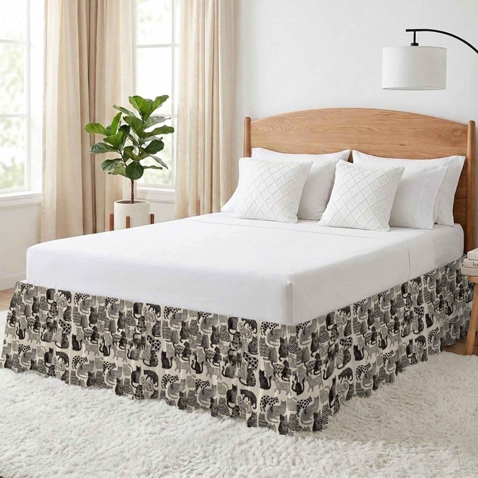 Bed Skirt Abstract Cat Vintage Adjustable Elastic Wrap-Around Dust Ruffle with Geometric Wave Dot Line Cat Memphis Art 18 Inch Drop, Bed Frame Cover for King Size Bed