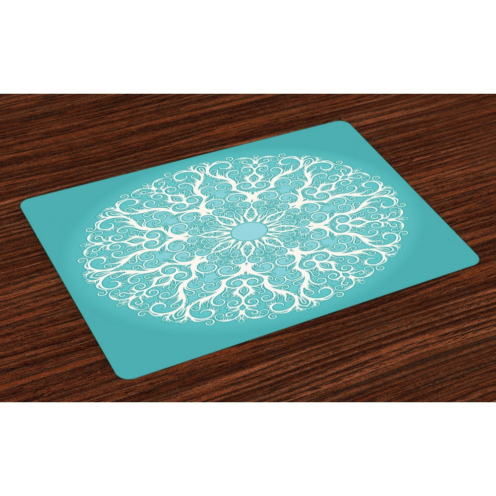 Turquoise Placemats Set of 4 Round Curving Tree Branches Pattern