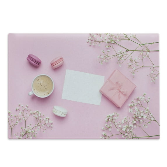 Colorful Cutting Board, A Cup of Coffee Image Along Macaroons Packaged Gift and Flowers on Table, Decorative Tempered Glass Cutting and Serving Board, in 3 Sizes, by Ambesonne