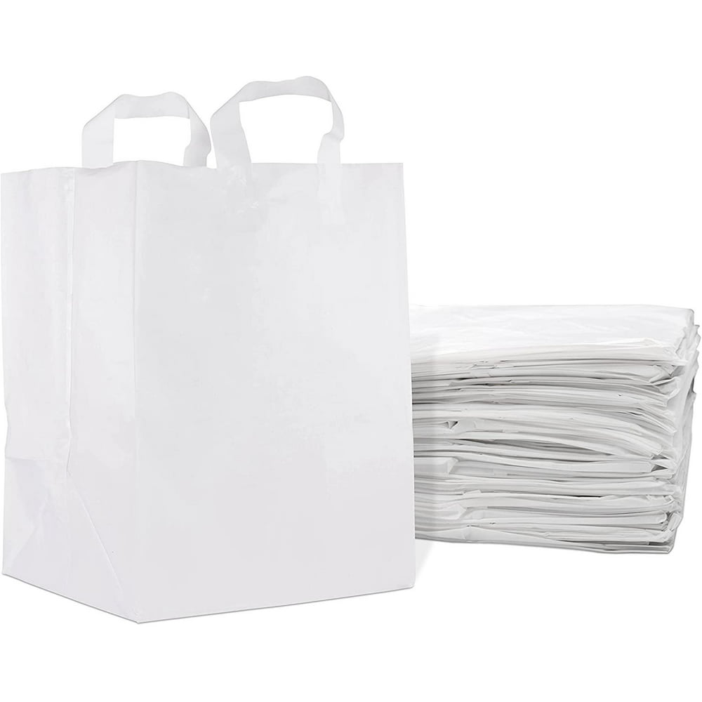 White Plastic Shopping Bags W/ Soft Strap Handles, 200 Pcs. 12x10x16 ...