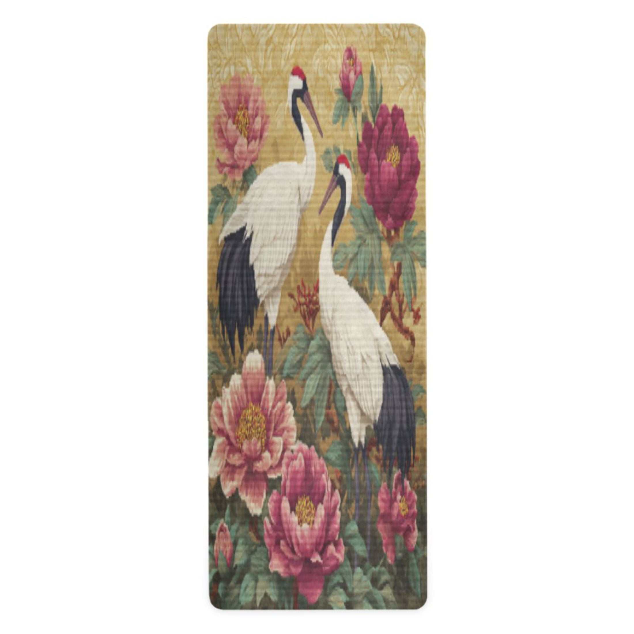 BZSMCE Yoga Mat Women Fitness Mat Elegant Cranes Amid Peony Splendor Pattern
