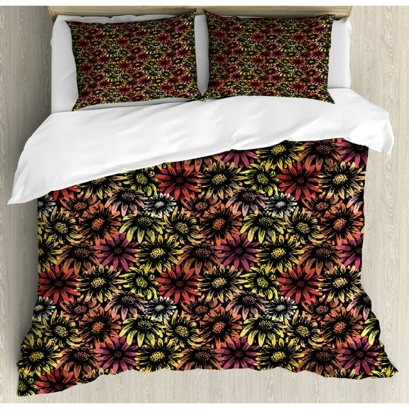 Floral Duvet Cover Set, Vintage Daisy and Sunflowers Retro Grunge Vibrant Pattern Print, Decorative 3 Piece Bedding Set with 2 Pillow Shams, Queen Size, Multicolor, by Ambesonne