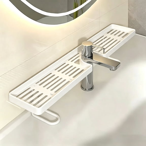 No Drill Freestanding Sink Faucet Storage Rack, U-Cutout Bathroom Counter Organizer Shelf, Perforated Mesh Top Quick Dry, Fits Basin Taps Unobstructed, Makeup Bottles Toothbrushes Wash Supplies
