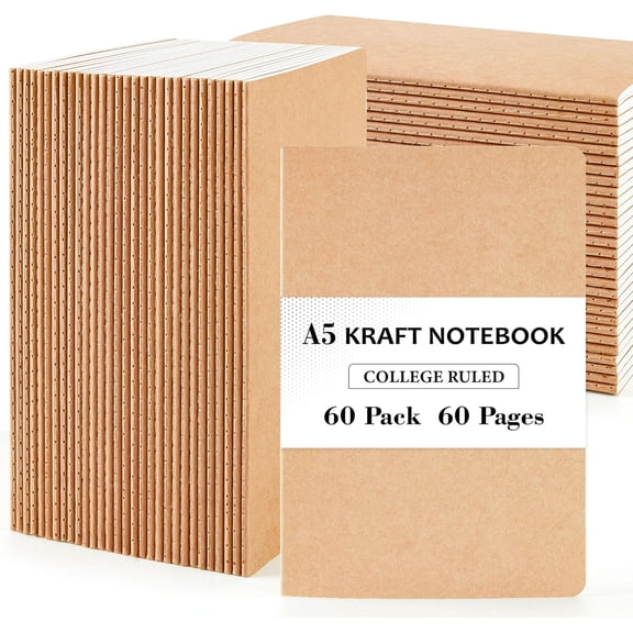 feela 60 Pack Kraft Notebooks Bulk, Lined Travel Journals Note Pad Notebooks for Men Women, Making Plans Writing Memos Office Supplies, A5, 60 Pages, 8.3” X 5.5”