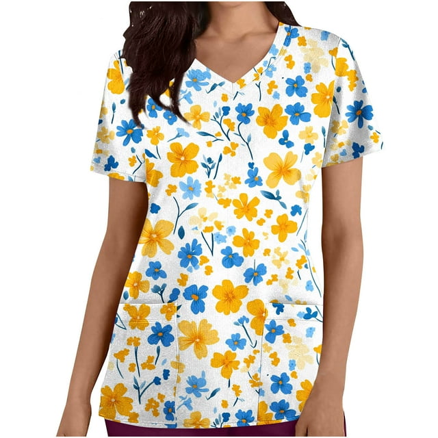 Amzcrzy Tuniques Médicales pour Femmes Tendance à Imprimé Floral Hauts de Sarrau Col en V Manches Courtes Sarraus d'Infirmière Réguliers Basiques Uniforme d'Infirmière de Travail avec Poches