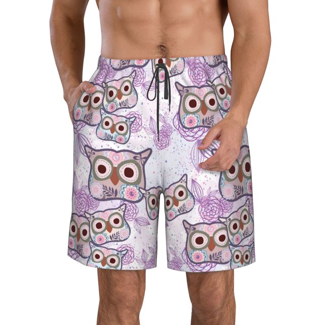Balery Owl And Floral Traje de Baño Estilo Hawaiano para Hombre, Shorts de Secado Rápido con Bolsillos-Small