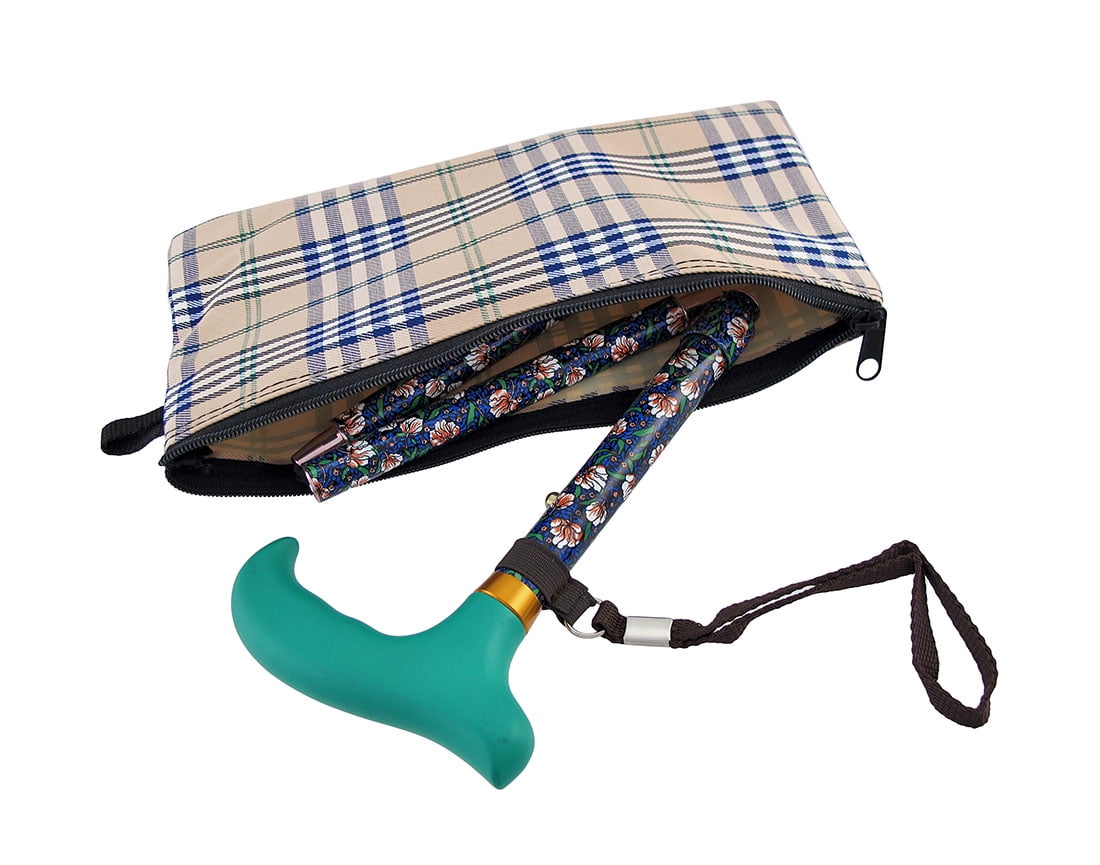 Green Vine Floral Ladies Adjustable Mini Folding Cane with Travel Bag