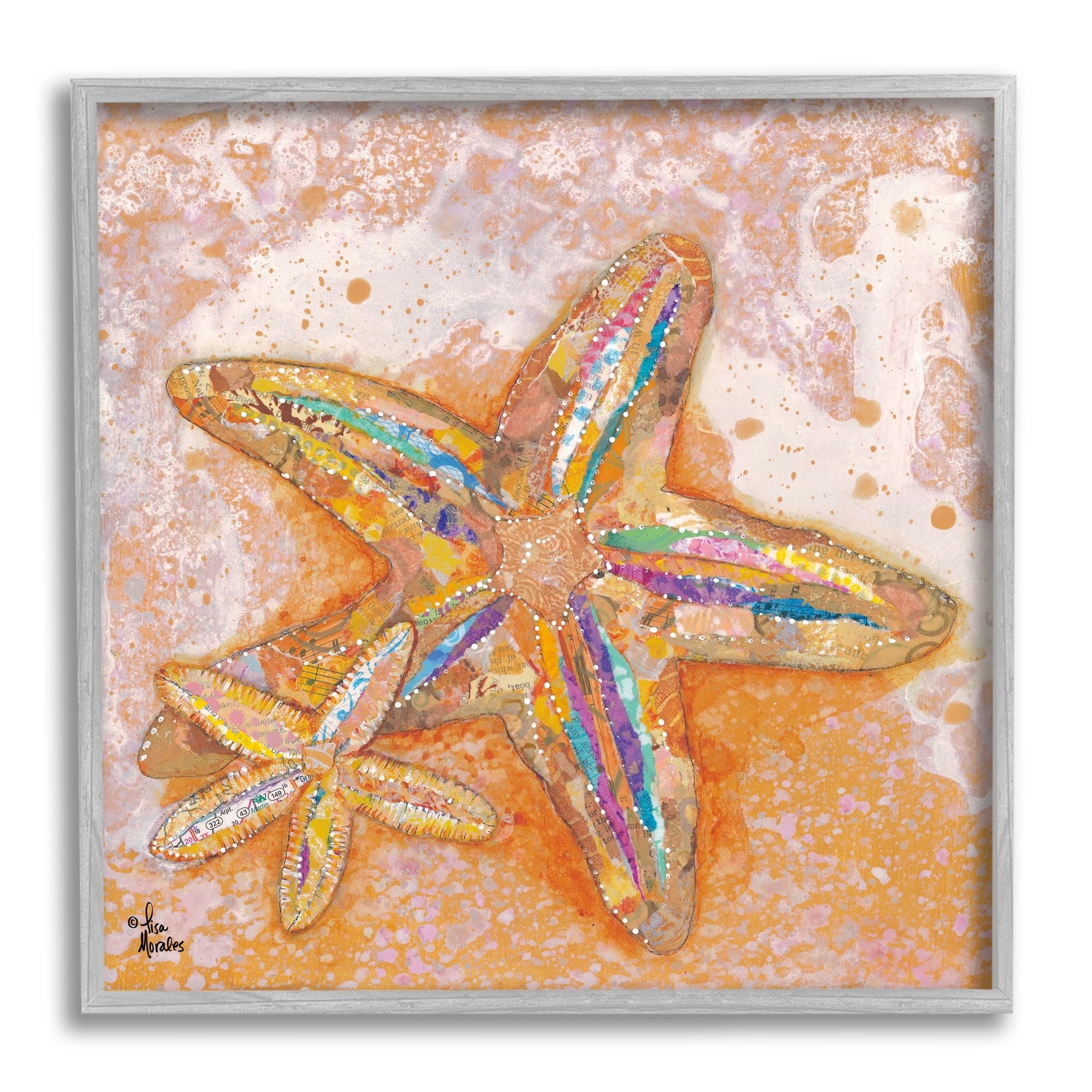 Stupell Industries Patterned Starfish Ocean Foam Layered Ephemera Collage Painting Gray Framed Art Print Wall Art, Design by Lisa Morales