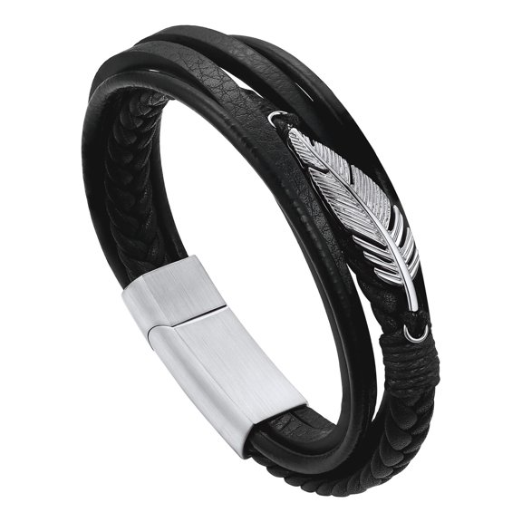 Bandmax Feather Leaf Bracelet for Men Stainless Steel Multi-layer Leather Rope Bracelets Wristband for Boyfriend Husband Father Son Gift
