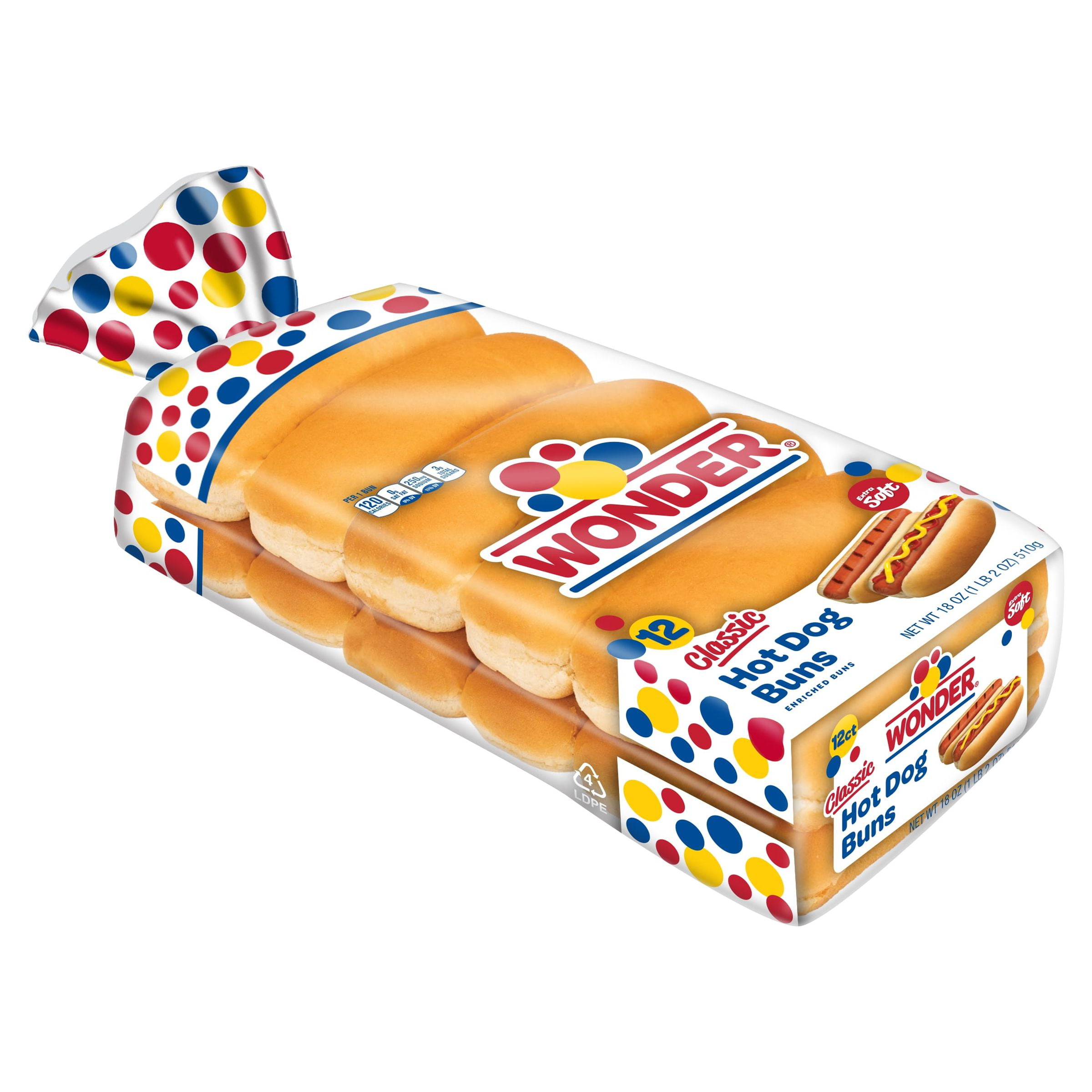 Wonder Bread Classic Extra Soft Hot Dog Buns, White Bread Buns, 18 oz., 12 Ct, Shelf-Stable