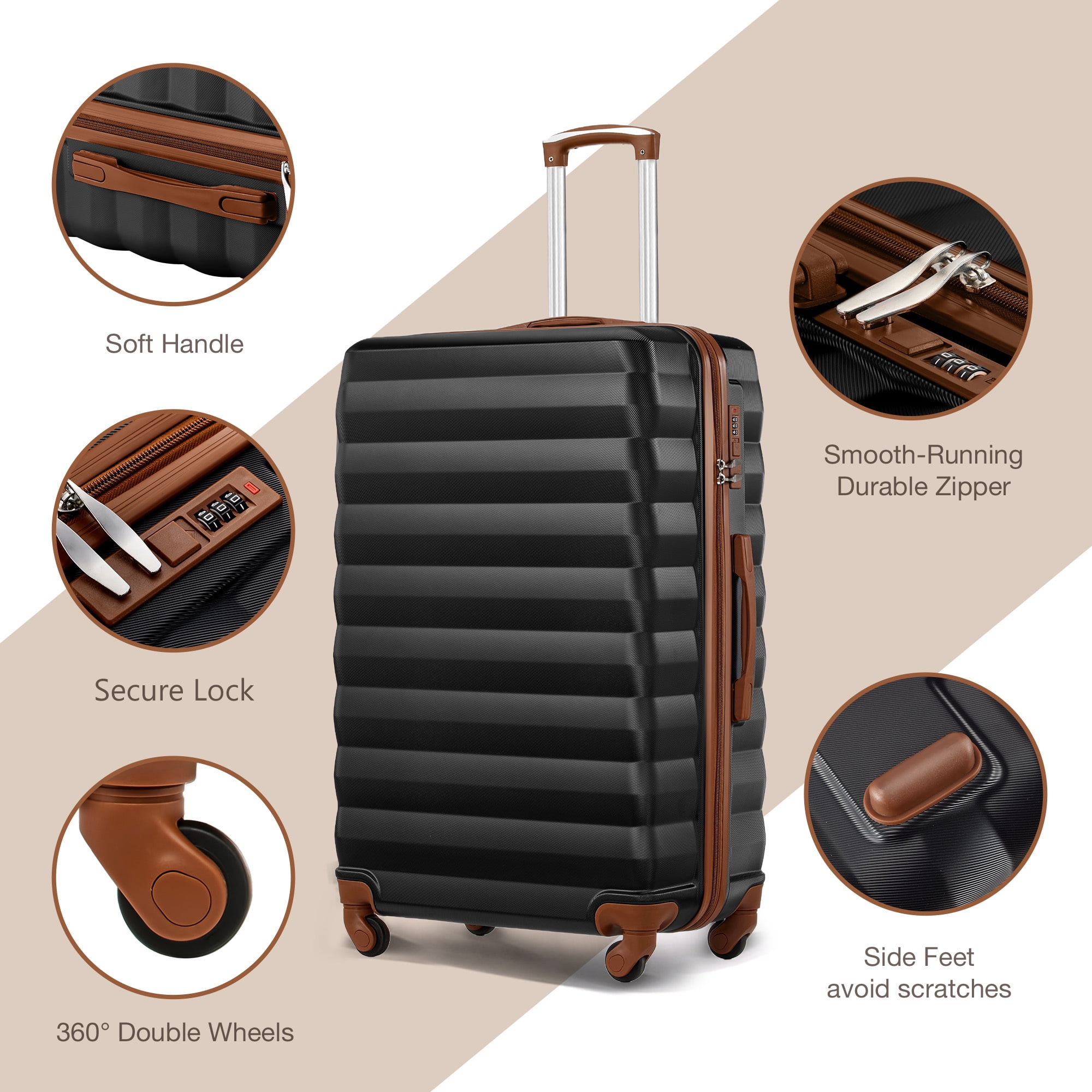 9 Piece Luggage Sets, Hard 20 24 28 inch Luggage with 6 Pieces Organize Bags Travel Suitcases Sets with Wheels, Black&Brown