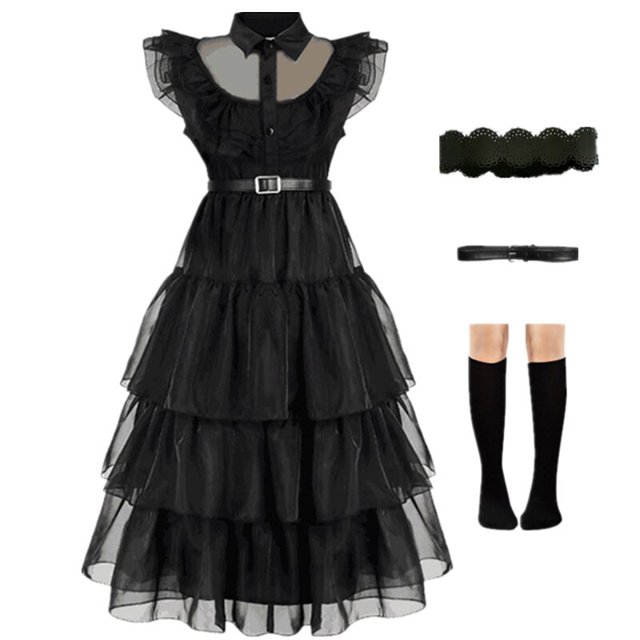 Disfraz de Halloween Wednesday Addams para niña, Vestidos para niña, Vestidos de fiesta de malla, disfraces de carnaval, ropa para niño XS Gao Jinjia LED