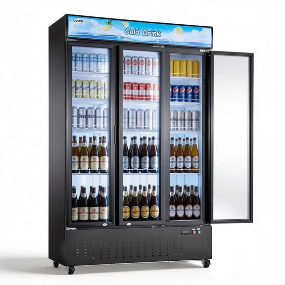 VEVOR Commercial Merchandiser Refrigerator, 26.8 Cu.Ft / 760L Upright Beverage Cooler, 3 Glass Door Display Refrigerator with Customizable Lightbox, 12 Adjustable Shelves, Soft LED Lighting & Casters