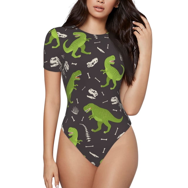 Balery Dinosaur Skeleton Body de cuello redondo de manga corta para mujer Tops de manga corta Tops básicos-Medium