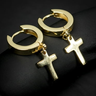 Mens Solid Gold Plated Sterling Silver Cross Dangle Hoop Huggie Earrings