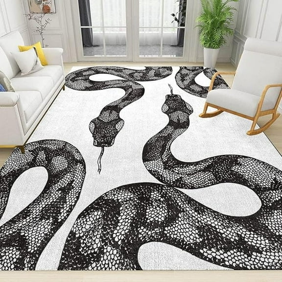 Black White Snake Area Rugs, Snake Retro Aesthetics Easy Clean Rug, Soft Non-Skid Carpet Throw Rug For Kids Teen Bedroom Living Room Bathroom Classroom Office 5x6ft
