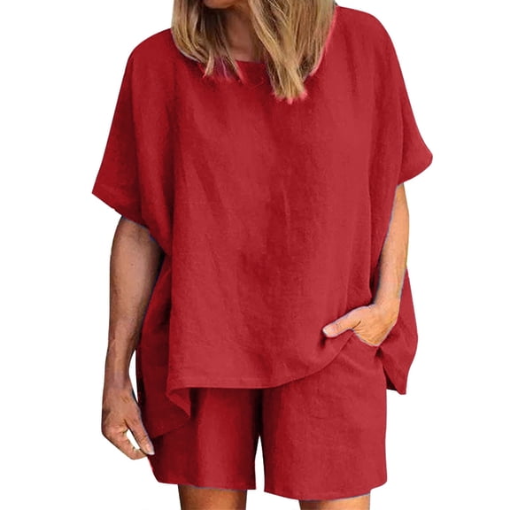WAYUTE Short Sets Women 2 Piece Outfits Ladies Loose Cozy Casual Round Neck Solid Color Cotton Shorts Trendy Outdoor Activities Summer Outfit