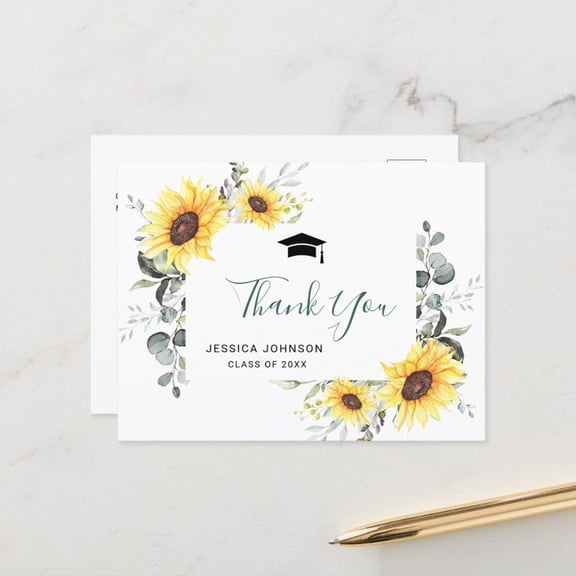 Personalized Thank You Cards with Sunflowers – Custom Graduation Thank You Notes for Jessica Johnson – Class of 20XX – Elegant Floral Design – Perfect for Graduates