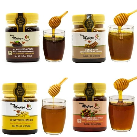 Pack of 4 Mujeza Raw Honey (1 Black Seed Honey + 1 Mountain Sidr Honey + 1 Ginger + 1 Cinnamon & Turmeric) Unheated - Unfiltered - Non GMO - Gluten Free - Unpasteurized - 250g / 8.8oz