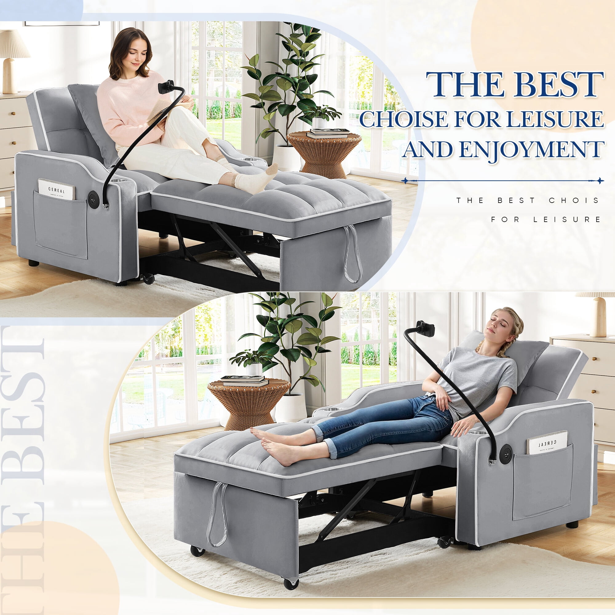 Lunale 4-in-1 Convertible Sleeper Chair Bed with Charge Ports & Phone Stand, Gray Velvet
