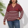 thumbnail image 2 of Women's Plus Size Striped Stitched Knitted Sweater - Wine Red Half-Turtleneck, Zipper & Heart Accents, Classic XL Fit, Fashion Style, Size XL, 2 of 5