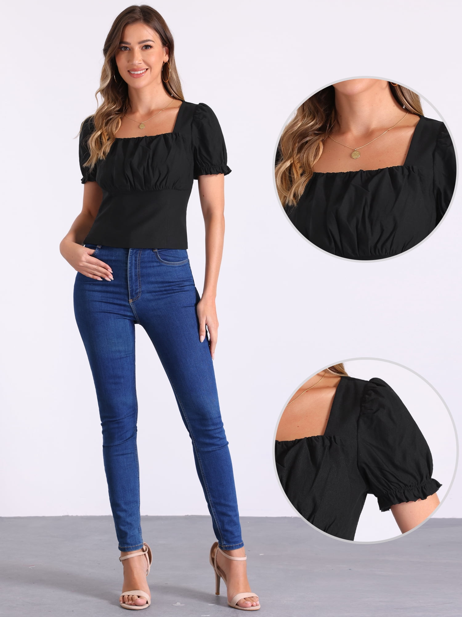 DARING DIVA Women's Square Neck Puff Sleeve Victorian Vintage Top L Black