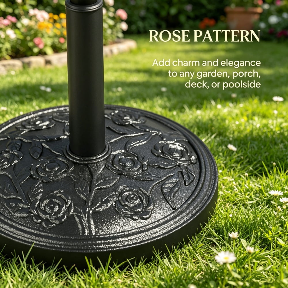 46 lbs Resin Concrete Patio Umbrella Base with Wheels Decorative Rose Pattern Umbrella Stand Fits 1.3" 1.5" 1.9" Poles for Outdoor Umbrella Up to 9.2 FT Black（Only the base）