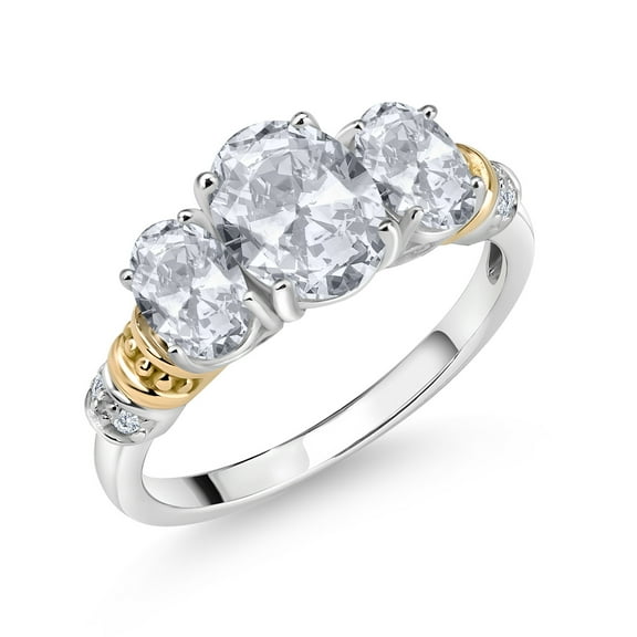 Gem Stone King 925 Sterling Silver and 10K Yellow Gold Oval White Topaz and White Diamond 3 Stone Ring for Women (2.73 Cttw, Gemstone November Birthstone, Size 9)