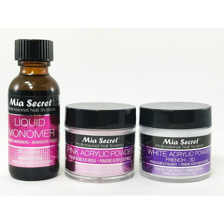 Mia Secret Liquid Monomer 1 oz & 2 oz Acrylic Powder Pink & White (French 3D) + Free Temporary Body (Best Pink And White Acrylic Powder)