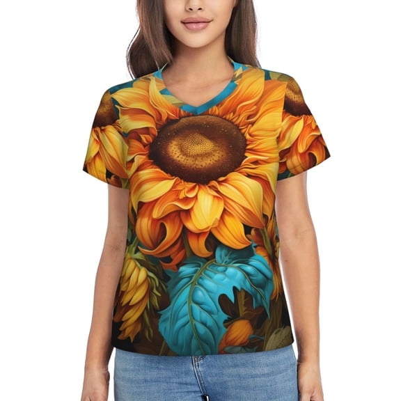 Vsdgher Deep Yellow Colorful Sunflower Women Shirts V Neck Short Sleeve Tops T-Shirt Basic Tees, S to 3XLSmall