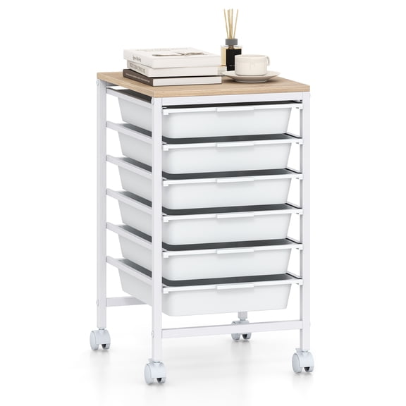 Costway 6-Drawer Arts Rolling Storage Cart with Wooden Tabletop & Lockable Wheels for Office Natural White