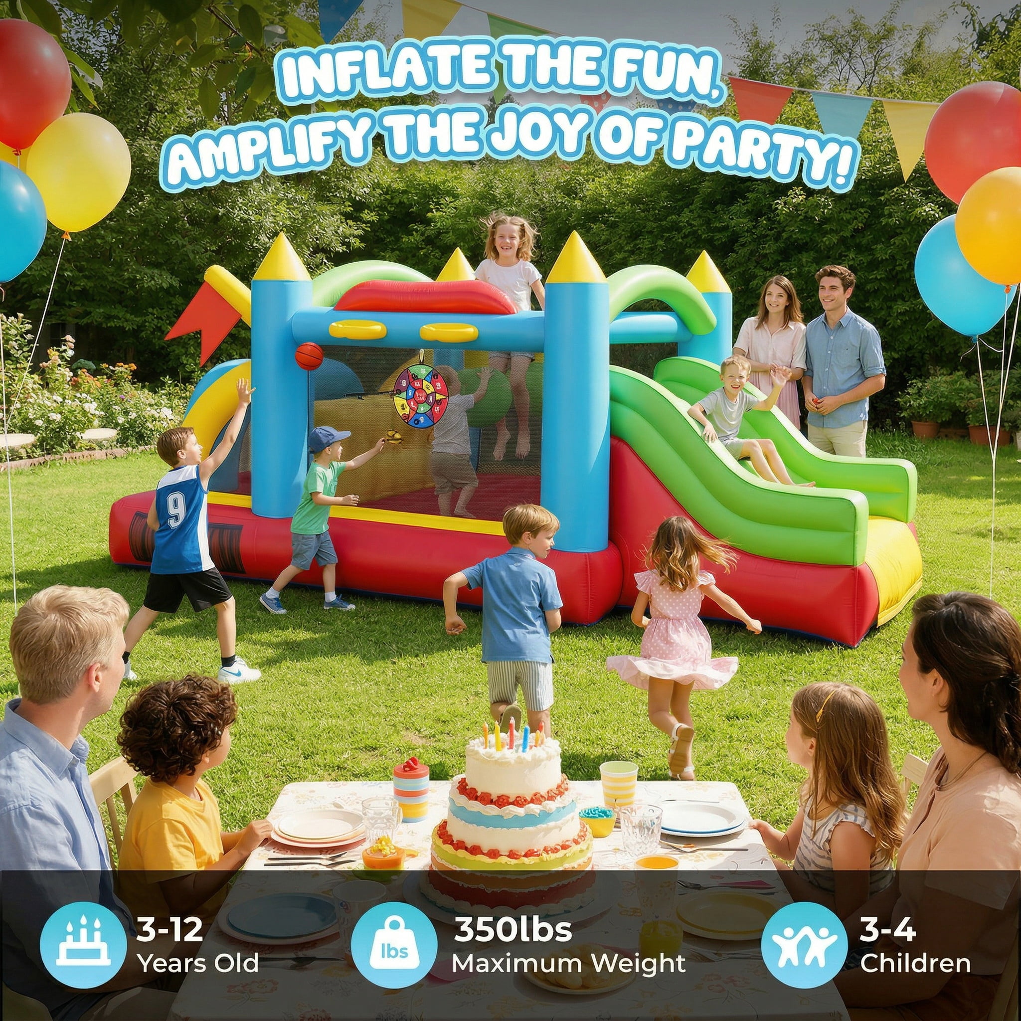 Adnoom Inflatable Obstacle Course Bounce House for Kids 3-12, 7-in-1 Jumping Castle with 550W Blower, Patio Bouncy House w/Dual Tunnels, Double Slides, Basketball Hoops, and Climbing, Indoor/Outdoor