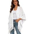 thumbnail image 2 of Fewfanhot Women Lace Open Front Hollow Knit Fringe Poncho Shawl, Three Quarter Sleeve Lightweight Layering Wrap Cover Up, 2 of 6