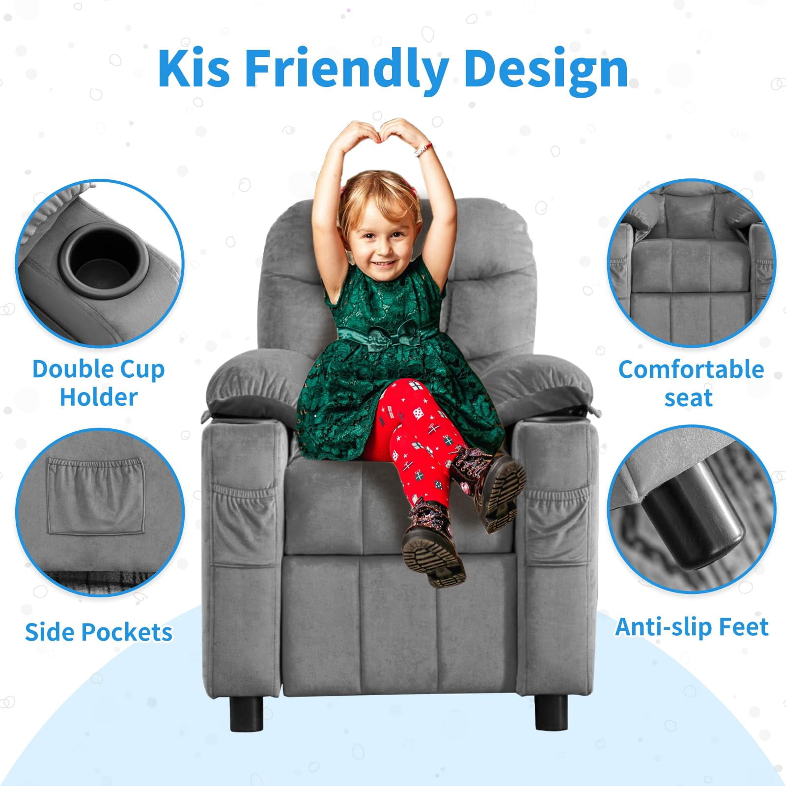 Linor Kids Recliner Chair, Modern Velvet Lounge with Cup Holder, Footrest, Side Pockets, Gray